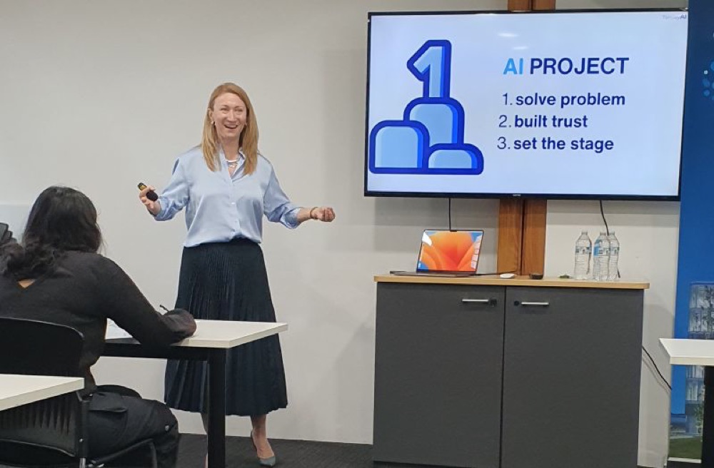 Marina Ritchie presenting the first steps of an AI project at a Fast-track AI Adoption workshop, Innovation Central Adelaide
